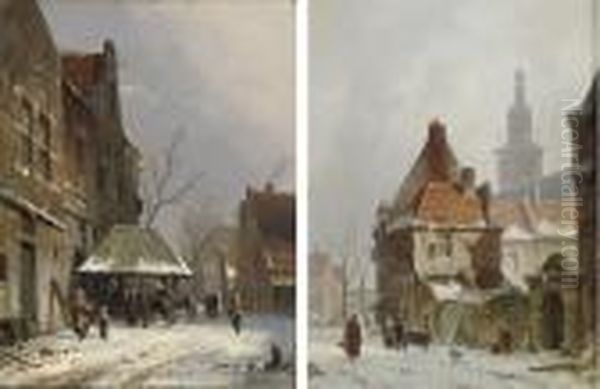 Horses In A Dutch Street In Winter Oil Painting by Adrianus Eversen