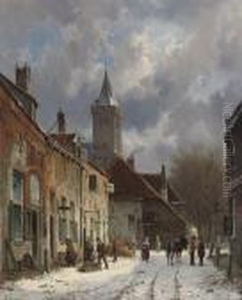 A Dutch Town In Winter Oil Painting by Adrianus Eversen