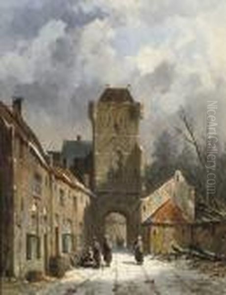 The Dijkpoort In Hattem In Winter Oil Painting by Adrianus Eversen