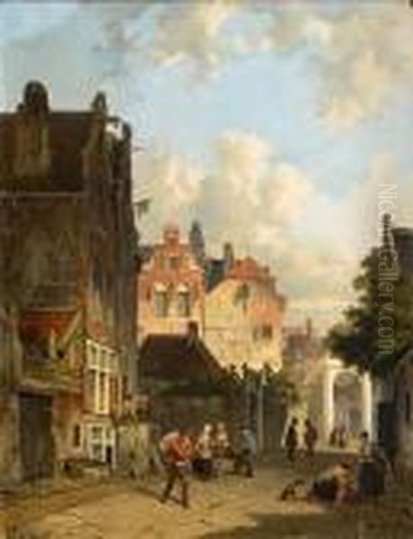 Street Scenes, Amsterdam Oil Painting by Adrianus Eversen