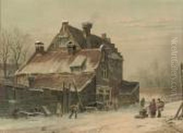 Winter In A Dutch Town Oil Painting by Adrianus Eversen