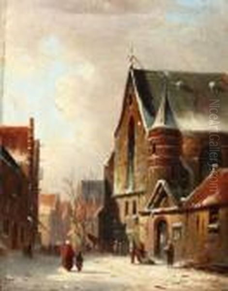 Figuren Op Winters Kerkplein Oil Painting by Adrianus Eversen