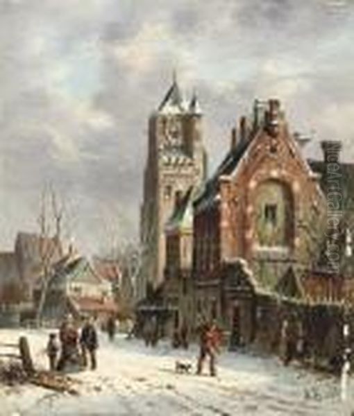 On A Snow-covered Street In A Dutch Town Oil Painting by Adrianus Eversen