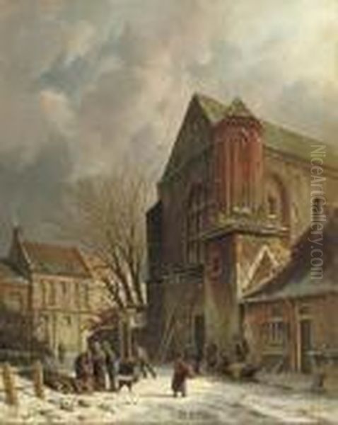 Figures Near A Church In Winter Oil Painting by Adrianus Eversen