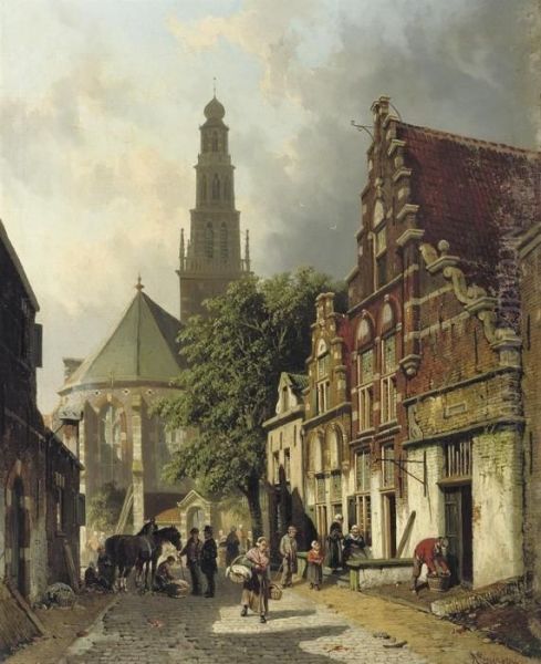 Townspeople In A Sunlit Street In Haarlem With The Waalse Kerkbeyond Oil Painting by Adrianus Eversen