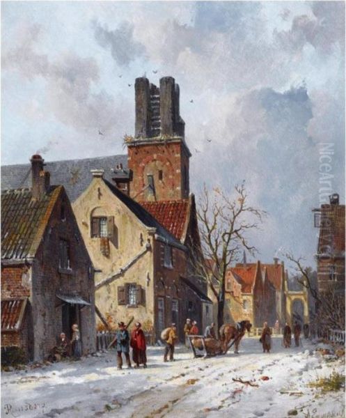 Figures In The Snow Covered Streets Of Ransdorp Oil Painting by Adrianus Eversen