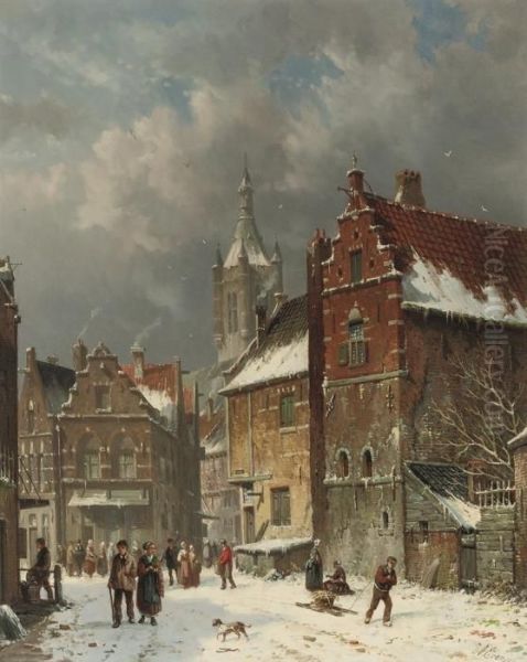 Townspeople In The Snow Oil Painting by Adrianus Eversen