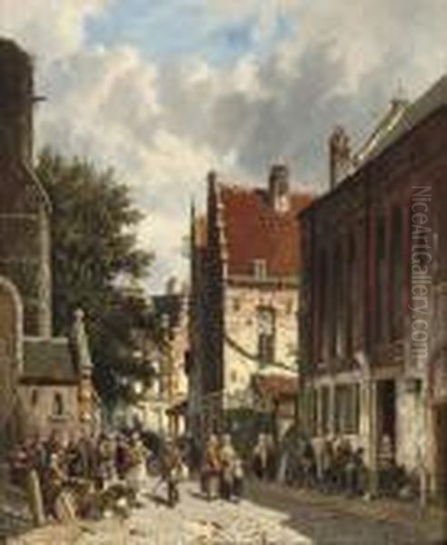 A Busy Market In A Sunny Dutch Town Oil Painting by Adrianus Eversen