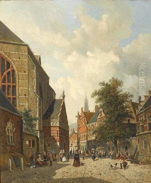 A Dutch Street Scene With Figures Oil Painting by Adrianus Eversen