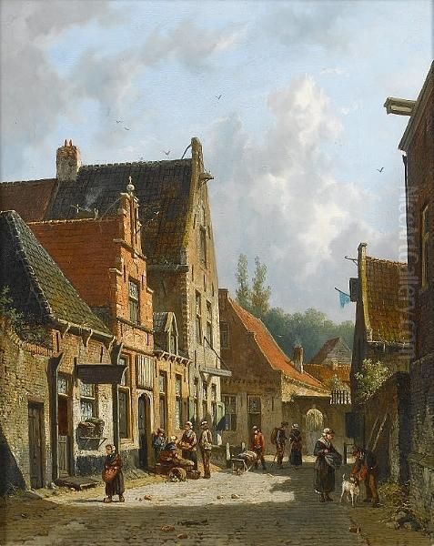 A Dutch Street Scene Oil Painting by Adrianus Eversen