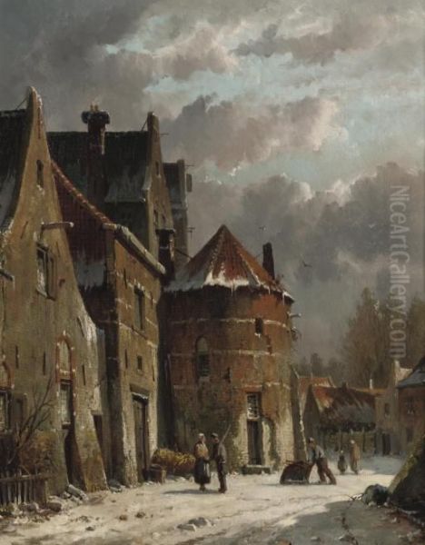 Villagers Conversing In A Snow Covered Street Oil Painting by Adrianus Eversen