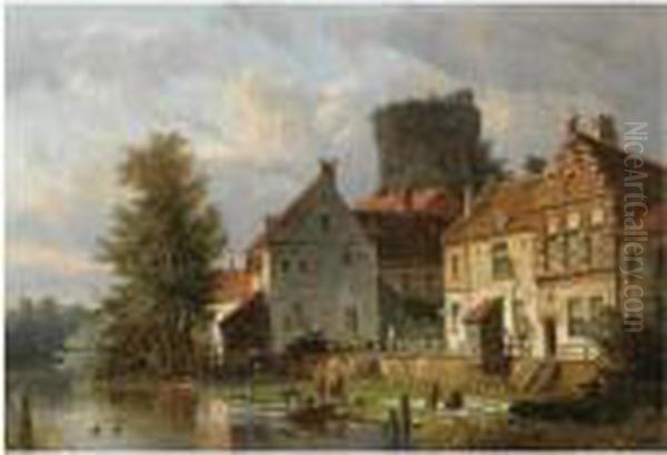 Many Figures In A Waterfront Town Oil Painting by Adrianus Eversen