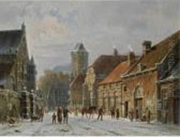 Figures In The Streets Of A Wintry Town Oil Painting by Adrianus Eversen