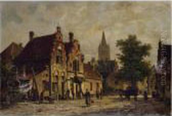 Dutch Street Scene Oil Painting by Adrianus Eversen