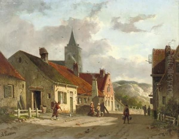 Daily Activities In A Sunlit Dutch Town Oil Painting by Adrianus Eversen