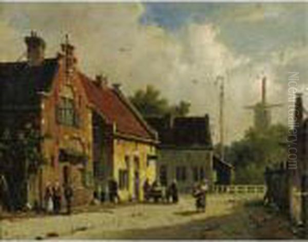 Village Street, Windmill In The Distance Oil Painting by Adrianus Eversen