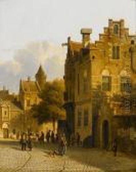 A Busy Day In A Dutch Town Oil Painting by Adrianus Eversen