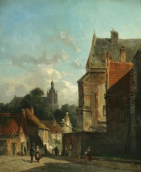 A Busy Street Scene In A Dutch Town Oil Painting by Adrianus Eversen