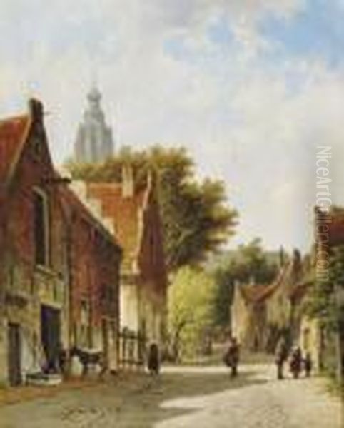 Townspeople In A Sunlit Street Oil Painting by Adrianus Eversen