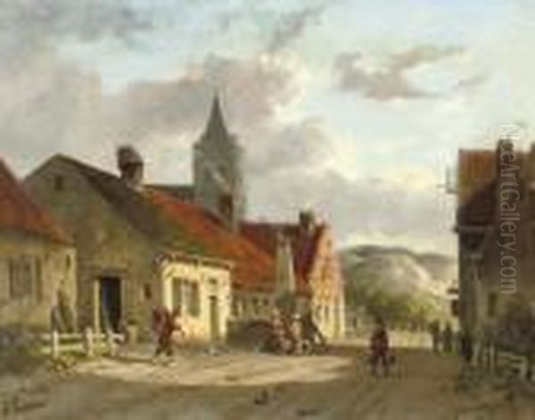 Daily Activities In A Sunlit Dutch Town Oil Painting by Adrianus Eversen