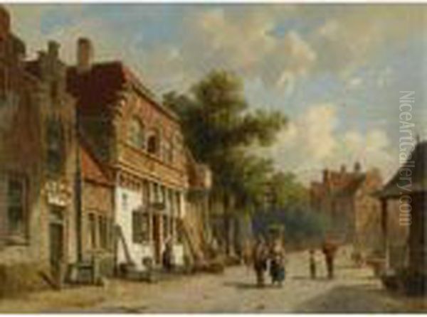 A Village Street Oil Painting by Adrianus Eversen