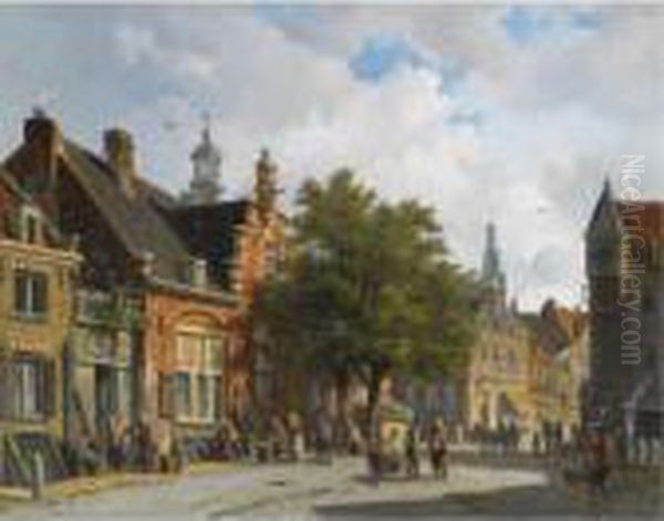 Figures In The Sunlit Streets Of A Dutch Town Oil Painting by Adrianus Eversen