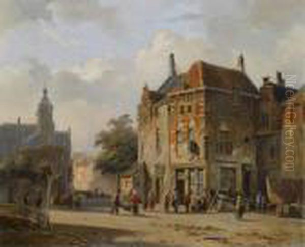 Figures In The Streets Of A Dutch Town Oil Painting by Adrianus Eversen