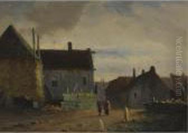 Figures In A Town Near A Haystack Oil Painting by Adrianus Eversen