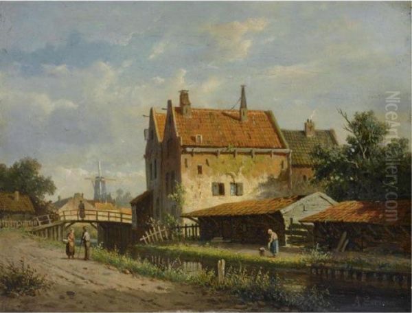 Figures Near A Canal In A Dutch Town Oil Painting by Adrianus Eversen