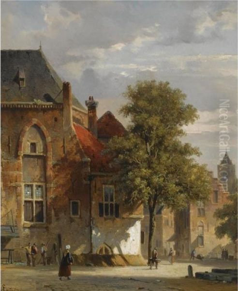 A Town View Oil Painting by Adrianus Eversen