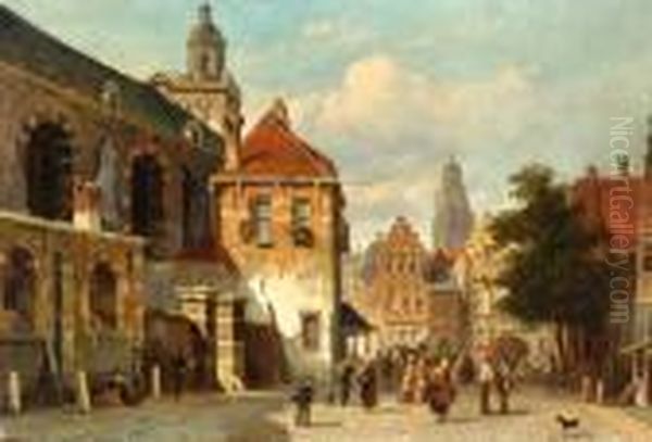 Many Figures On A City Square Oil Painting by Adrianus Eversen