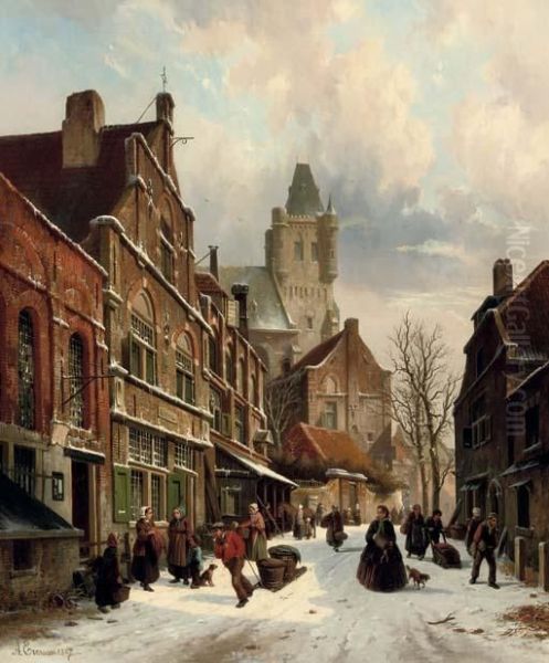 Numerous Figures In A Dutch Street In Winter Oil Painting by Adrianus Eversen