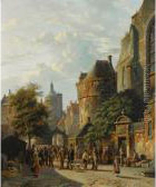 Many Figures On A Market In A Dutch Town Oil Painting by Adrianus Eversen