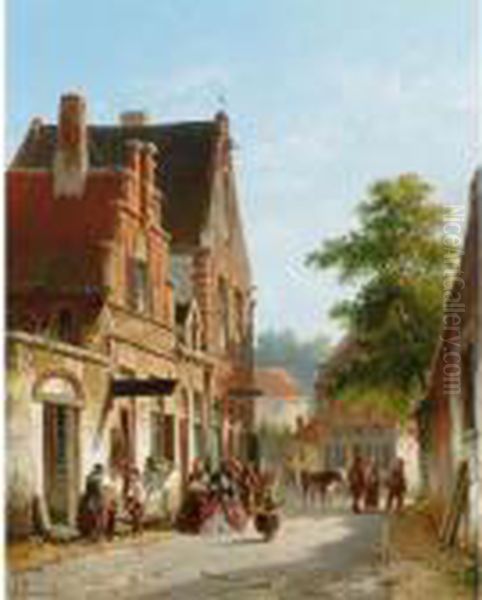 Villagers In The Streets Of A Dutch Town Oil Painting by Adrianus Eversen