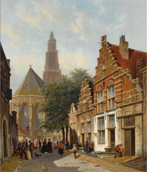 Elegant Figures In A Sunlit Dutch Town Oil Painting by Adrianus Eversen