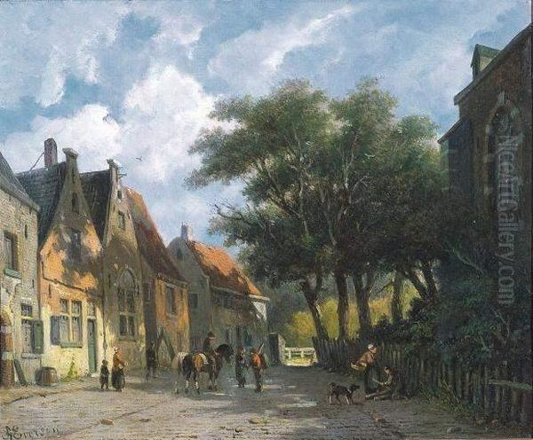 Geanimeerde Dorpsstraat Nabij Een Kerk Oil Painting by Adrianus Eversen