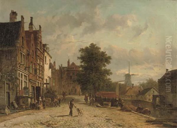 Daily Activities On The 
Baangracht In Amsterdam With The Windmill On The Brouwersgracht Beyond Oil Painting by Adrianus Eversen