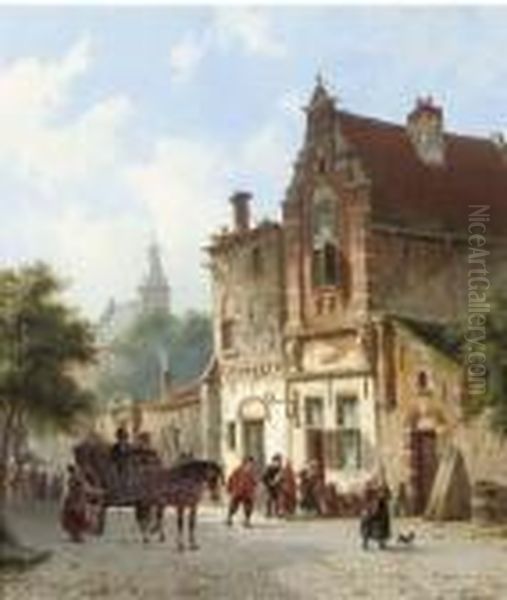 Daily Activities In A Sunlit Dutch Town Oil Painting by Adrianus Eversen