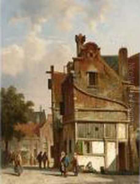 Figures In The Sunlit Streets Of A Dutch Town Oil Painting by Adrianus Eversen