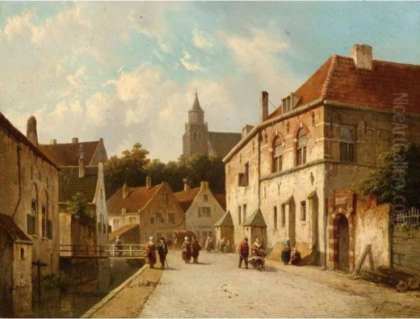 Figures Along A Canal In A Dutch Town Oil Painting by Adrianus Eversen