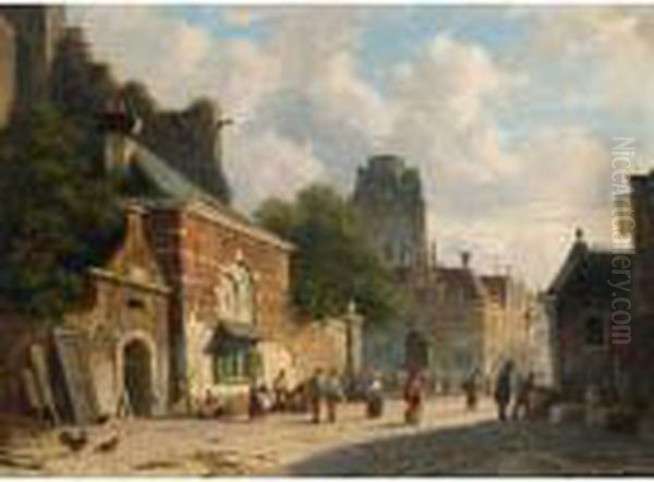 A Busy Street In A Dutch Town Oil Painting by Adrianus Eversen