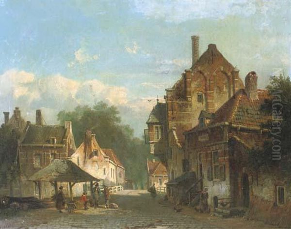 Near A Bridge In A Dutch Town Oil Painting by Adrianus Eversen