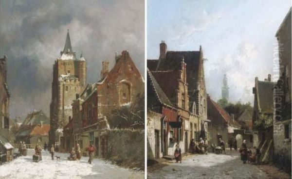 A Snow Covered Street; And A Sunlit Street Oil Painting by Adrianus Eversen