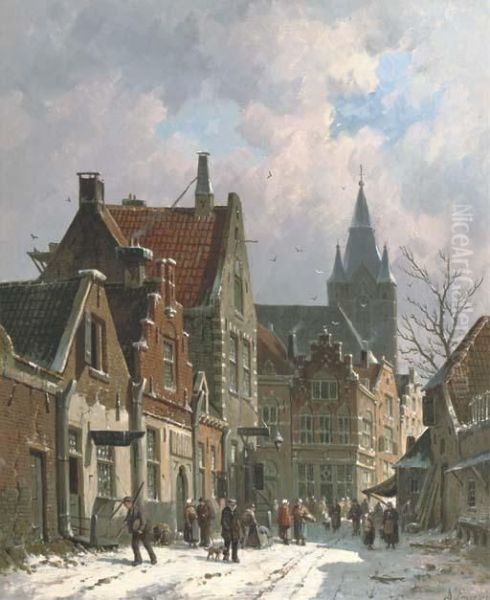 A Busy Street In Delft In Winter Oil Painting by Adrianus Eversen