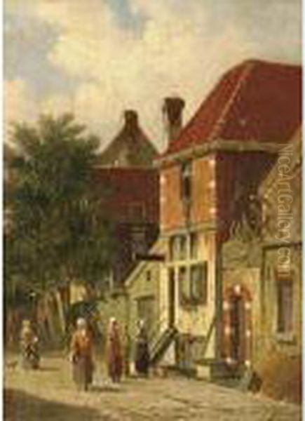 Villagers In A Sunlit Street Of A Dutch Town Oil Painting by Adrianus Eversen