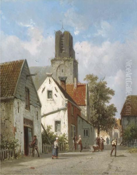 A Village Street Oil Painting by Adrianus Eversen