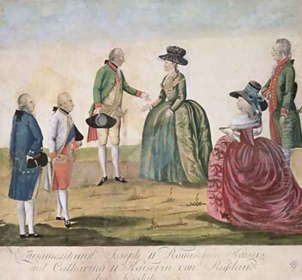 Meeting between Joseph II of Germany 1741-90 and Empress Catherine the Great 1729-96 at Koidak 18th May 1787 Oil Painting by Johann Hieronymus Loeschenkohl