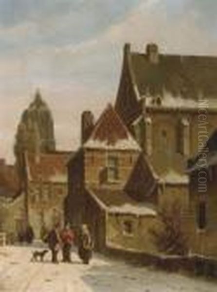 Townspeople Conversing In A Dutch Town In Winter Oil Painting by Adrianus Eversen