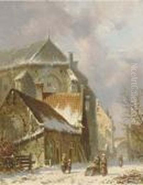 Villagers In A Snowcovered Street Oil Painting by Adrianus Eversen