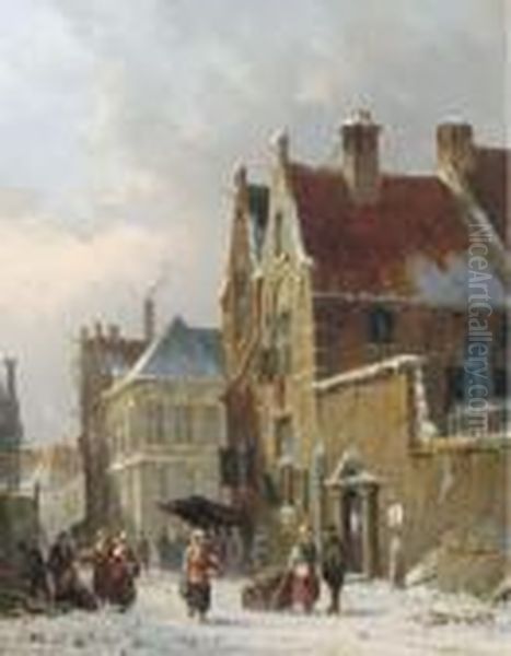 Townsfolk In A Snow Covered Street Oil Painting by Adrianus Eversen